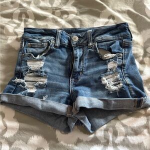 American Eagle Outfitters Blue Distressed Jean Shorts Mid-Thigh